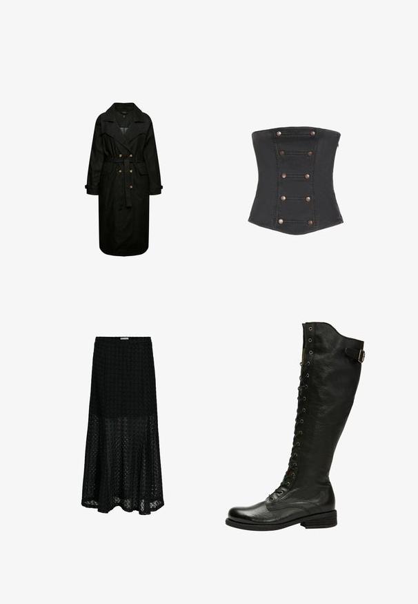 Sort denim trenchcoat med bælte i taljen, store klapper og forlommer. Har knapdetaljer og lange ærmer.; Sort stropløs korset med seks par dekorative kobberknapper arrangeret lodret foran.; Sort A-formet nederdel med tekstureret blomstret blonder, tætsiddende i talje og hofter, udvides under knæet, delvist gennemsigtig kant.; Sorte læder knæhøje støvler med snørebånd foran, sølvøjer og sidebælte. Har en tekstureret overflade og stablet hæl.