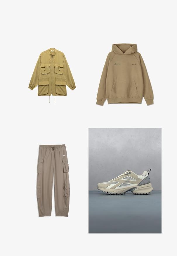 Licht olijfgroene jas met een rits aan de voorkant, staande kraag, twee grote borstzakken en twee lagere zakken met elastische manchetten.; Beige hoodie van fleece materiaal, met een voorkantzak, geribde manchet en geborduurde logo's op de borst.; Lichtbruine, losse cargobroek met trekkoord in de taille en klepzakken op elke pijp, met een klein wit Puma-logo aan de rechterkant.; Beige en grijze sportschoen met gestructureerde zool, veters en het Calvin Klein-logo, geplaatst boven een houten en grind betegeld oppervlak buiten.