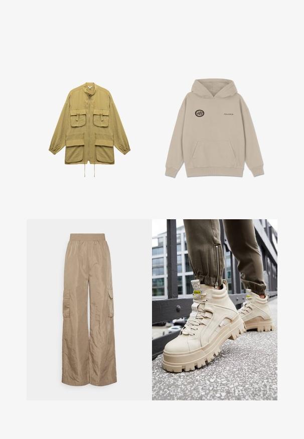 Chaqueta verde oliva claro con cierre frontal, cuello alzado, dos grandes bolsillos en el pecho y dos bolsillos inferiores con puños elasticados.; Sudadera beige de material suave. Cuenta con un bolsillo frontal, puños acanalados y un parche de logo bordado con texto en el pecho.; Even&Odd Tall Pantalones cargo - beige; Zapatillas altas beige con suela gruesa y texturizada, diseño de cordones y etiquetas de acento amarillas. Parte superior de cuero texturizado con costuras en contraste.