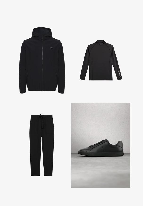 Zwarte softshelljack met een capuchon, een rits aan de voorkant, twee zijzakken en een klein logo op de borst. Soepele textuur, minimalistisch ontwerp.; Zwart sporttopje met lange mouwen, opstaande kraag, slim fit en witte "J.Lindeberg"-logo op linkerarm en kraag.; Reiss REGULAR FIT - SET BELTED TECHNICAL - Broek - black; Zwarte leren sneaker met veters en een geëmboste "ck"-logo die zweeft boven een grijze vloer bij een glasstenen muur.