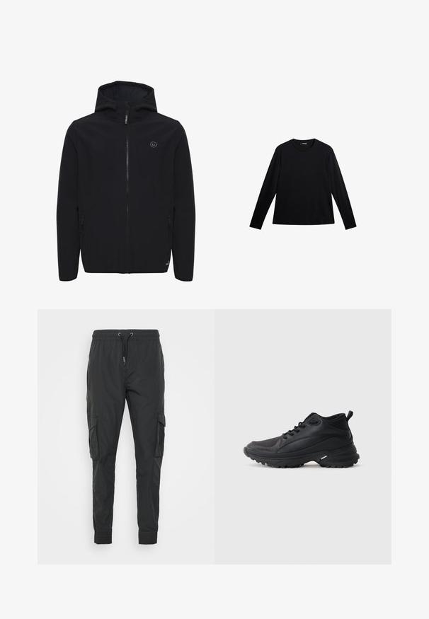 Sort softshell jakke med hætte, frontlynlås, to sidelommer og et lille logo på brystet. Glat tekstur, minimalistisk design.; Sort langærmet T-shirt lavet af glat stof, med rund hals og et diskret logo på fronten, i en afslappet pasform.; Sorte cargo bukser lavet af letvægtsstof, med en justerbar snøre i taljen, elastiske manchetter og to sidelommer.; Sorte atletikskøjter lavet af syntetisk materiale. Har en polstret krave, rund tå, robust ydersål med godt greb og detaljer med mærkelogo.