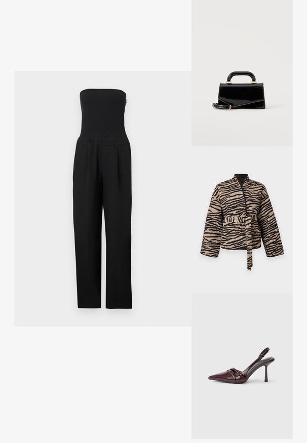 Chaqueta acolchada en beige con rayas de tigre negras, con un diseño envolvente, mangas largas y un cinturón atado en la cintura.; Mono negro sin tirantes con corsé ajustado y pantalones de pierna ancha, mostrado sobre un fondo blanco.; Zapato de tacón slingback de charol burdeos con puntera puntiaguda, fina correa en el tobillo y pequeño detalle decorativo de hebilla. Textura suave y tacón alto.; Bolso rectangular negro brillante con asa superior, herrajes dorados y correa desmontable, colocado sobre un fondo claro y sencillo.