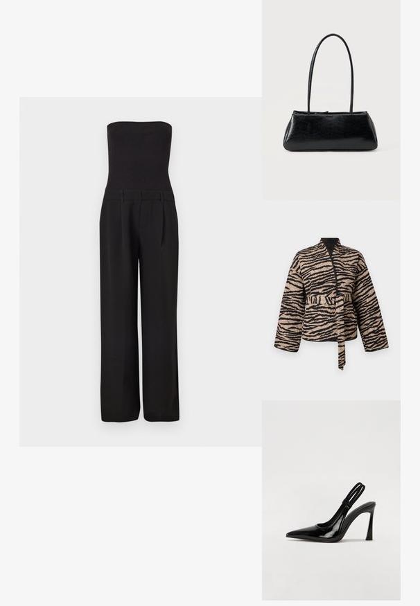 Chaqueta acolchada en beige con rayas de tigre negras, con un diseño envolvente, mangas largas y un cinturón atado en la cintura.; Mono negro sin tirantes con cuerpo ajustado acanalado y pantalones anchos de corte sastre.; Zapato de tacón con tirante en negro de charol, punta afilada, tacón alto y delgado, y doble tira elástica para un ajuste seguro. Superficie suave y brillante.; Bolso de hombro rectangular negro con correas largas y delgadas y una textura lisa y brillante sobre un fondo liso.