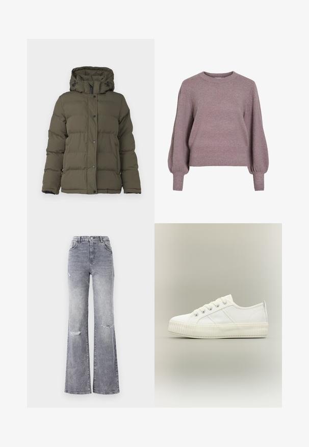Oliven grøn pufferjakke med hætte, i en quiltet design, frontknapper og sorte accenter ved lynlås og manchetter.; Strikket pullover i blød lilla med rund hals, lange ballonærmer og ribkant i nederkant og ved ærmerne for en struktureret finish.; Højtaljede grå denim jeans med flagrende ben, der har slidte knædetaljer, et klassisk fem-lomme design og tonet syninger.; Hvid lavtop sneaker med tyk ribbet sål, snørelukning foran og trækflap på hælen mod en neutral baggrund.