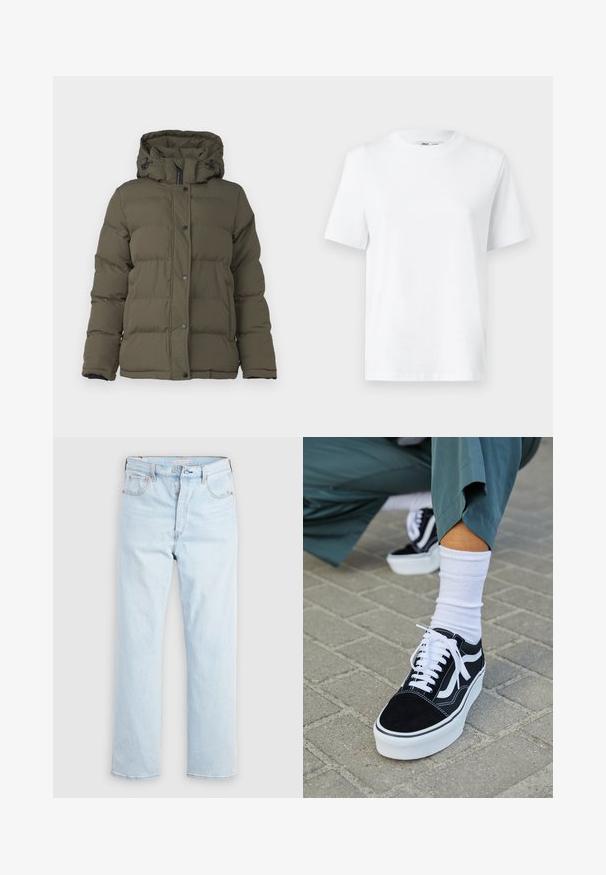 Oliven grøn pufferjakke med hætte, i en quiltet design, frontknapper og sorte accenter ved lynlås og manchetter.; Hvid bomulds T-shirt med rund hals, kortærmet og en glat tekstur. Designet med en afslappet pasform for komfort og alsidighed.; Lyseblå jeans med højtaljet, lige ben, knapgylp samt lommer foran og bagpå på ensfarvet hvid baggrund.; Sorte ruskinds sneakers med hvide accenter og snørebånd, der har en tyk hvid sål og kontrasterende syninger, parret med en hvid sok.