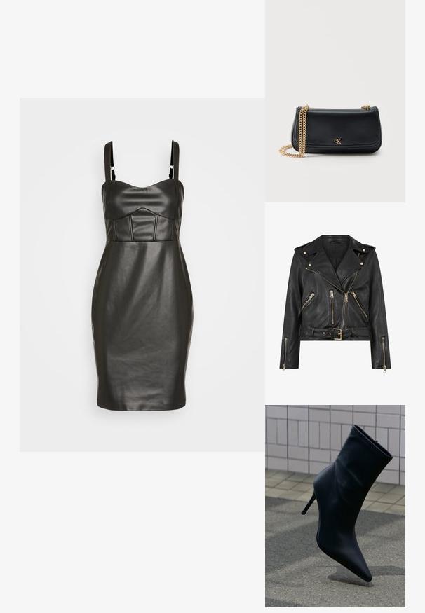 Schwarze Leder-Bikerjacke mit tailliertem Design, goldfarbener Reißverschlussbeschläge, mehreren vorderen Reißverschlusstaschen und einem taillierten Bund. Mit Schulterklappen.; Schwarzes Kunstlederkleid mit taillierter Silhouette, dünnen Trägern und einem strukturierten, gepolsterten Oberteil mit vertikalen Nähten. Glatte Textur.; Schwarzer Leder-Stiefelette mit spitzer Schuhspitze und hohem Stiletto-Absatz auf gefliestem Gehweg und Asphaltboden im Hintergrund.; Schwarze Lederschultertasche mit goldener Kettenriemen und kleinem goldenen "cK"-Logo mittig auf der vorderen Klappe vor einfarbigem Hintergrund.