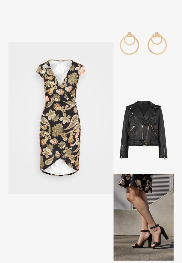 Zwarte leren motorjack met een aansluitend ontwerp, gouden ritsaccessoires, meerdere voorzakken met rits en een verstelbare taille. Voorzien van schouderepauletten.; Anna Field by Zalando Jerseyjurk - black/multi coloured; Zwarte suède hoge hakken sandalen hebben een enkelband met een gesp, een open teenontwerp en een chunky hak. Glad textuur en minimalistische stijl.; Gouden oorbellen in de vorm van hoepels met twee onderling verbonden cirkels met een gestructureerde afwerking. Ontworpen met een gladde, veilige achterkant.