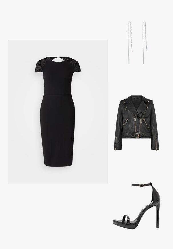 Schwarze Leder-Bikerjacke mit tailliertem Design, goldfarbener Reißverschlussbeschläge, mehreren vorderen Reißverschlusstaschen und einem taillierten Bund. Mit Schulterklappen.; Schwarzes Kleid mit kurzen, spitzen Ärmeln, figurschmeichelnder Silhouette, knielang mit einem seitlichen Schlitz, aus glattem Stoff gefertigt und mit einem runden Halsausschnitt.; Steve Madden MILANO - High Heel Sandalette - black; Silberne Ohrstecker mit verlängertem Design, featuring eine zarte Kette und gerade, dünne Anhänger an den Enden. Glatte Textur.
