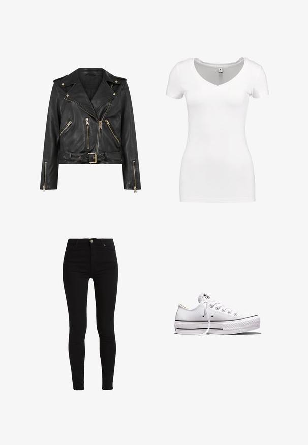 Schwarze Leder-Bikerjacke mit tailliertem Design, goldfarbener Reißverschlussbeschläge, mehreren vorderen Reißverschlusstaschen und einem taillierten Bund. Mit Schulterklappen.; G-STAR BASE - T-Shirt basic - white; Schwarze enge Jeans aus dehnbarem Baumwollmischgewebe. Verfügt über einen vorderen Knopfverschluss und Gürtelschlaufen für eine verstellbare Passform.; Weißer Sneaker aus Segeltuch mit niedrigem Schnitt, weißen Schnürsenkeln, Gummisohle, schwarzen Streifendetails und Logopatch auf der Zunge und Ferse.