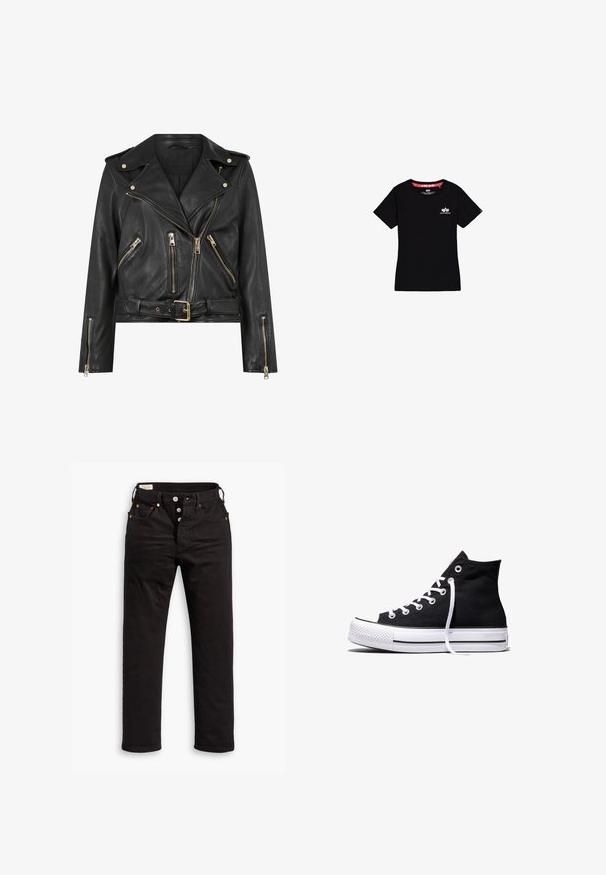 Schwarze Leder-Bikerjacke mit tailliertem Design, goldfarbener Reißverschlussbeschläge, mehreren vorderen Reißverschlusstaschen und einem taillierten Bund. Mit Schulterklappen.; Schwarzes T-Shirt mit kurzen Ärmeln, kleinem weißem Alpha Industries-Logo auf der linken Brust und rotem Innenkragen.; Schwarze Straight-Leg-Jeans mit Knopfverschluss, Vorder- und Gesäßtaschen sowie Kupfennieten auf einem weißen Hintergrund.; Schwarzer High-Top-Canvas-Sneaker mit weißer Gummisohle und weißen Schnürsenkeln, seitlich dargestellt vor weißem Hintergrund.