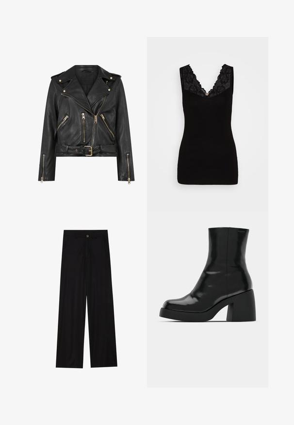 Chaqueta de motorista de cuero negro con un diseño ajustado, herrajes de cremallera dorada, múltiples bolsillos delanteros con cremallera y una cintura con cinturón. Presenta epaulets en los hombros.; Top sin mangas negro con un profundo escote en V adornado con encaje negro, que presenta una textura suave y una silueta ajustada.; Pantalones negros de pierna ancha hechos de una tela suave, con bolsillos delanteros y cierre de botón en la cintura. Diseño minimalista sin patrones.; Botas de tobillo negras con un acabado brillante, punta cuadrada y un tacón grueso en bloque. El diseño presenta una silueta sin costuras y un minimalismo en la marca.