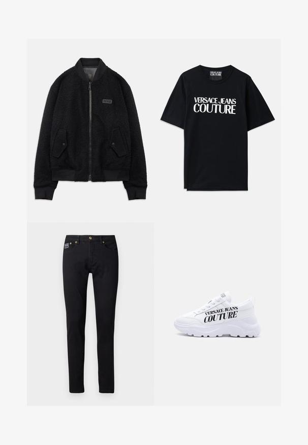 Sort bomberjakke lavet af tekstureret fleece, med lynlåslukning, ribbet krave og cuffs, samt et logo patch på venstre bryst.; Sort bomulds t-shirt med korte ærmer, der har stor hvid tekst "VERSACE JEANS COUTURE" på forsiden. Klassisk crew neck design.; Sorte denim jeans med slim fit, udstyret med guldfarvet metalhardware, fem lommer og et lille brandlabel på højre lomme.; Hvid chunky sneaker med tyk sål, snøredesign og "Versace Jeans Couture" trykt med fede sorte bogstaver på siden.