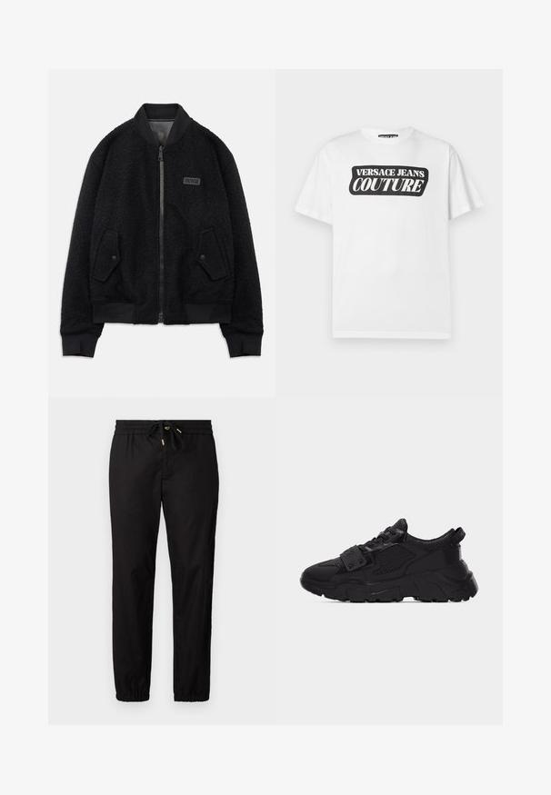 Schwarze Bomberjacke aus strukturiertem Fleece, mit Reißverschluss, geripptem Kragen und Bündchen sowie einem Logo-Patch auf der linken Brust.; Weißes kurzärmeliges T-Shirt mit schwarzem rechteckigem Logo in der Mitte der Brust mit der Aufschrift "VERSACE JEANS COUTURE".; Schwarze Hose mit einem elastischen Bund und Kordelzug. Hat schmal zulaufende Beine mit elastischen Bündchen. Glattes, leichtes Material.; Schwarzer klobiger Sneaker mit Mesh- und Lederpaneelen, dicker strukturierter Sohle, Schnürung vorne und einem Riemen mit Metallnieten über den Schnürsenkeln.