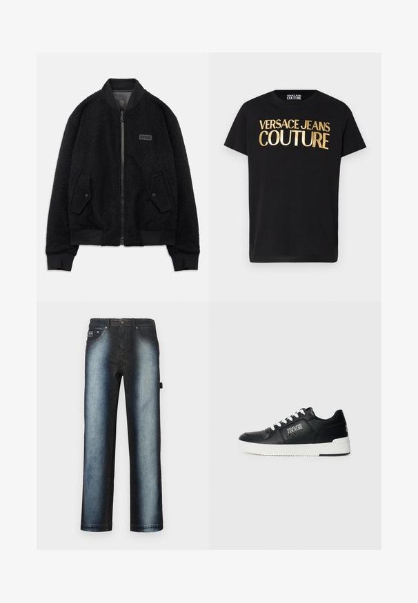 Sort bomberjakke lavet af tekstureret fleece, med lynlåslukning, ribbet krave og cuffs, samt et logo patch på venstre bryst.; Sort T-shirt med korte ærmer og stort metalisk gult "Versace Jeans Couture"-tryk på forsiden samt rund halsudskæring.; Mørkeblå jeans med et ombré-design, der går fra dyb sort til en lysere blå, med en standard fem-lomme stil og en lys vasketekstur.; Sorte lædersneakers med hvid sål, med et logo på siden, rund tå og perforeret design for åndbarhed. Hvide snørebånd.