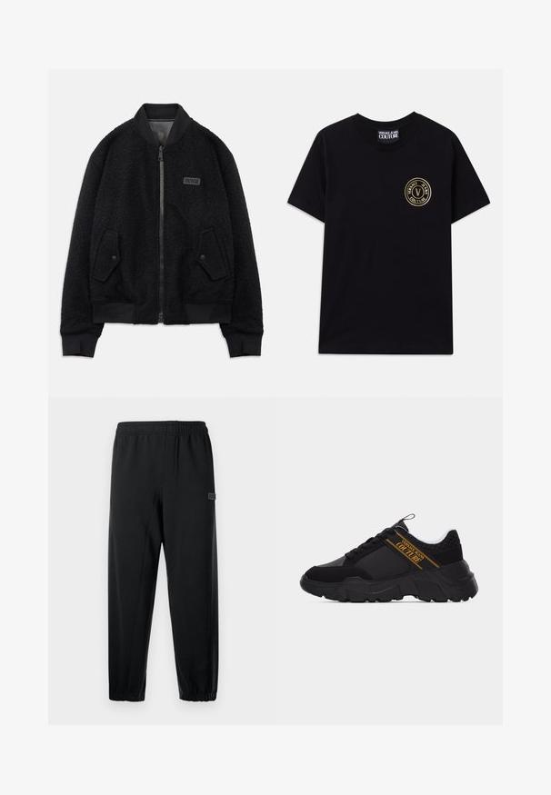 Sort bomberjakke lavet af tekstureret fleece, med lynlåslukning, ribbet krave og cuffs, samt et logo patch på venstre bryst.; Sort bomulds t-shirt med rund halsudskæring og korte ærmer. Har et guld cirkulært logo på venstre bryst. Enkel, udekoreret design.; Sorte sweatpants med elastisk talje, skrå ben og et lille mærketegn. Fremstillet af glat, let stof.; Sort chunky sneaker med struktureret sål, bikagemønster nær hælen og guldfarvet "Versace Jeans Couture"-logo på siden.