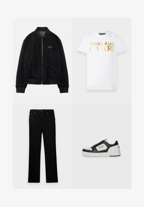 Schwarze Bomberjacke aus strukturiertem Fleece, mit Reißverschluss, geripptem Kragen und Bündchen sowie einem Logo-Patch auf der linken Brust.; Weißes T-Shirt mit kurzen Ärmeln, vorne mit goldmetallischem Schriftzug "Versace Jeans Couture" und Rundhalsausschnitt.; Schwarze Jeans mit geradem Bein, fünf Taschen, Knopfverschluss und Gürtelschlaufen, vor einem einfarbigen weißen Hintergrund präsentiert.; Schwarzer und weißer Sneaker mit einem glatten Lederobermaterial, durchlöcherter Zehenbox, kontrastierendem weißen Element und Logodetails an der Seite und Ferse.
