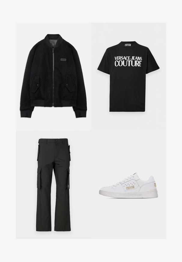 Zwarte bomberjack van gestructureerde fleece, met ritssluiting, geribbelde kraag en manchetten, en een logopatch op de linkerborst.; Zwart T-shirt met korte mouwen en dikke witte tekst "VERSACE JEANS COUTURE" midden op de voorkant, met een bijpassend label aan de binnenkant van de kraag.; Zwarte cargobroek met een recht silhouet, voorzien van meerdere zijzakken en een knoopsluiting. Gemaakt van duurzaam materiaal met een soepele textuur.; Witte lage sneaker met geperforeerde details, veters aan de voorkant en gouden "Versace Jeans Couture" logo's op de zijkant en hiel.