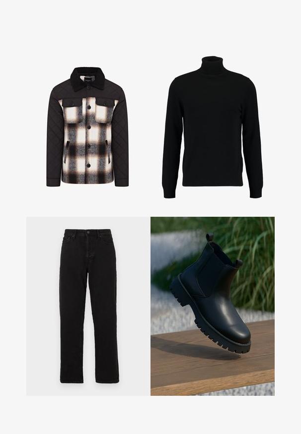 Chaqueta acolchada con mangas y cuello negros. Diseño de cuadros con patrones en blanco, negro y marrón. Cierres de botones y bolsillos en el pecho.; Jersey de cuello alto negro hecho de un material de punto suave. Cuenta con mangas largas, collar y dobladillo acanalados. Diseño simple y elegante sin patrones.; Jeans de mezclilla negra con un diseño de pierna recta, que cuentan con un cierre de botón, pasadores para cinturón y un estilo clásico de cinco bolsillos.; Botas de tobillo de cuero negro con paneles laterales elásticos, punta redonda y suela de taco grueso, exhibidas sobre una superficie de madera.