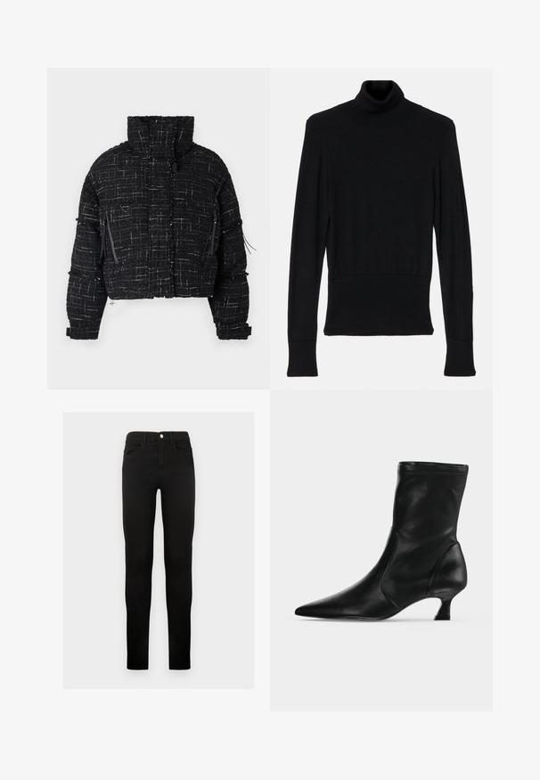 Kraftig sort puffjakke lavet af tekstureret stof med hvide tråde. Har høj krave, to lynlåslommer foran og minimale hardware-detaljer.; AERON TENDER LONG SLEEVED - Striktrøje - black; Sorte denimjeans med slim fit, der har knaplukning, bæltestropper og forlommer. Glat tekstur og klassisk design.; Sort læderstøvle til midt på læggen med spids tå og lav kittenhæl, vist fra siden på en ensartet lys baggrund.