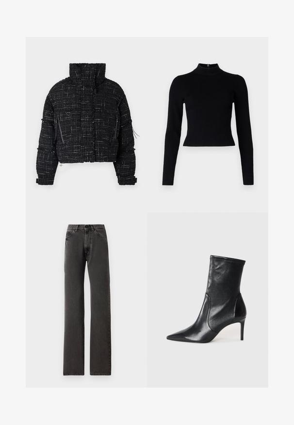 Kraftig sort puffjakke lavet af tekstureret stof med hvide tråde. Har høj krave, to lynlåslommer foran og minimale hardware-detaljer.; Sort ribbet turtleneck sweater med lange ærmer og en tætsiddende silhuet, der har en glat overflade og en lynlåsdetalje på ryggen.; Sorte straight-leg jeans med forlommer, bæltestropper, knaplukning og synlig syning på en hvid baggrund.; Sorte ankelstøvler lavet af glat læder, med spids tå, tætsiddende skaft og en slank høj hæl. Minimalistisk design uden synligt hardware.