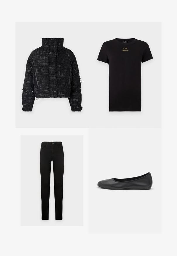 Kraftig sort puffjakke lavet af tekstureret stof med hvide tråde. Har høj krave, to lynlåslommer foran og minimale hardware-detaljer.; Sort kortærmet T-shirt lavet af bomuld. Har et trykt guldlogo på brystet. Klassisk runde hals design. Blød tekstur.; Sorte denimjeans med slim fit, der har knaplukning, bæltestropper og forlommer. Glat tekstur og klassisk design.; Sort læderballetsko med rund tå, glat tekstur, minimal syning og et fleksibelt såldesign.
