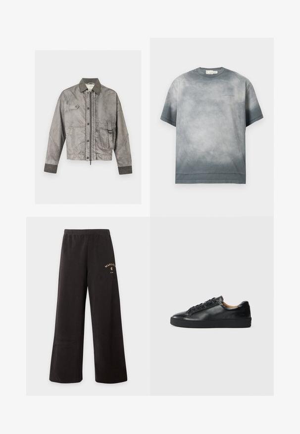 Veste grise à manches longues avec fermeture éclair à l’avant et boutons-pression, poche poitrine à rabat et poche latérale avec détail de boucle.; T-shirt gris tie-dye à manches courtes, col rond avec le texte subtil "PONG CHAN WANG" sur la poitrine gauche.; Pantalon noir à jambes larges avec taille élastique et petit logo doré "Margiela 6" sur la partie supérieure de la cuisse gauche.; Baskets en cuir noir avec une texture lisse, bout rond et fermeture à lacets. Comprend une semelle en caoutchouc épaisse et un minimum de détails de marque.