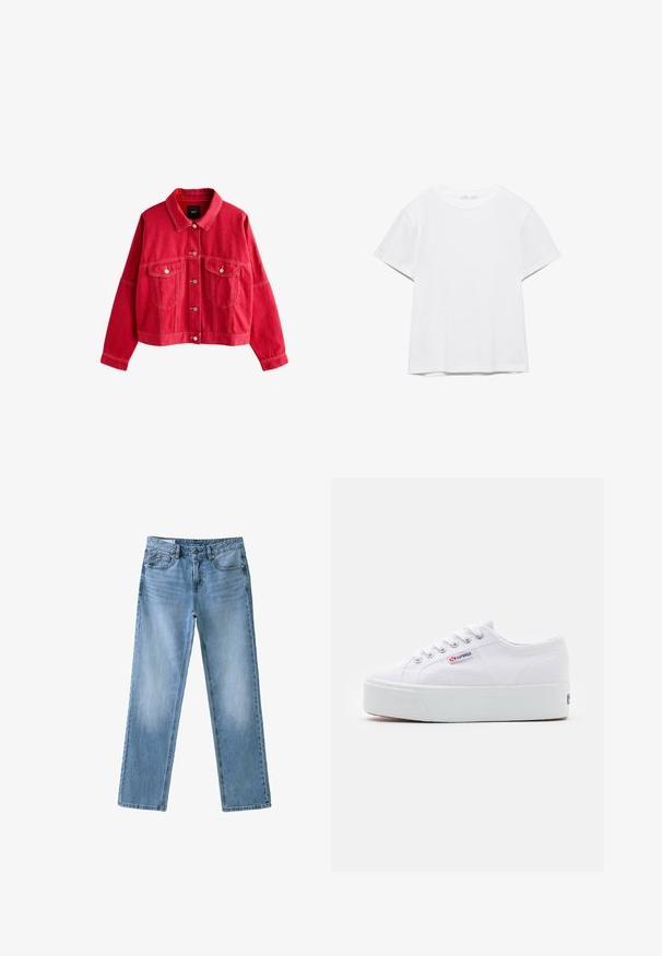 Veste en denim rouge avec un col, des poches avant et des fermetures à boutons. Caractéristiques de surpiqûres marquées et d'une coupe décontractée.; T-shirt blanc uni à manches courtes et col rond, avec un ourlet droit, présenté sur un fond blanc.; Jean bleu clair droit avec poches avant, passants de ceinture et fermeture par bouton, présenté sur fond blanc.; Baskets en toile blanches avec une épaisse semelle plateforme blanche, bout rond et œillets en métal pour les lacets. Logo de la marque affiché sur le côté.