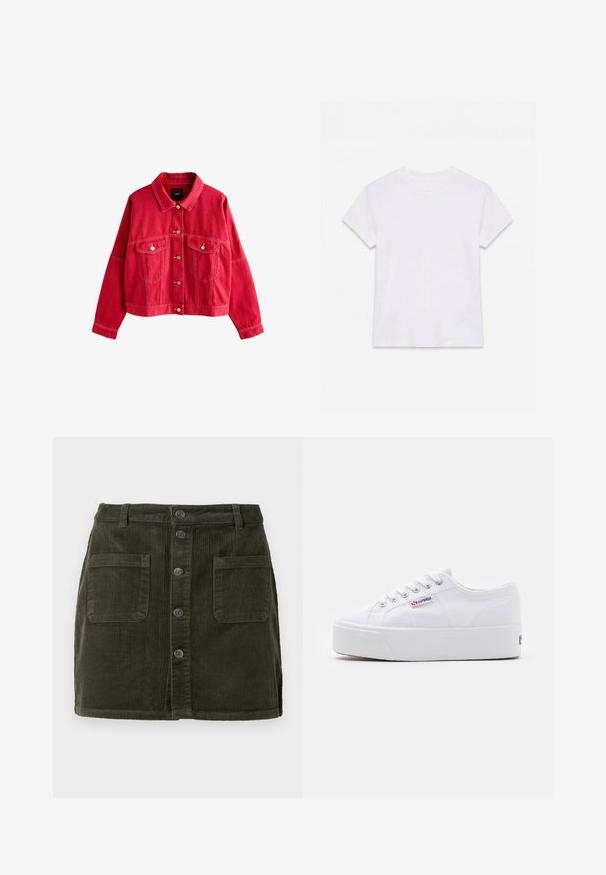 Veste en denim rouge avec un col, des poches avant et des fermetures à boutons. Caractéristiques de surpiqûres marquées et d'une coupe décontractée.; T-shirt en coton blanc uni à manches courtes et col rond, étalé à plat sur un fond blanc.; Mini-jupe en velours côtelé vert avec une fermeture à boutons sur le devant, deux poches avant et une surface texturée. Présente une taille ajustée et une coupe droite.; Baskets en toile blanches avec une épaisse semelle plateforme blanche, bout rond et œillets en métal pour les lacets. Logo de la marque affiché sur le côté.