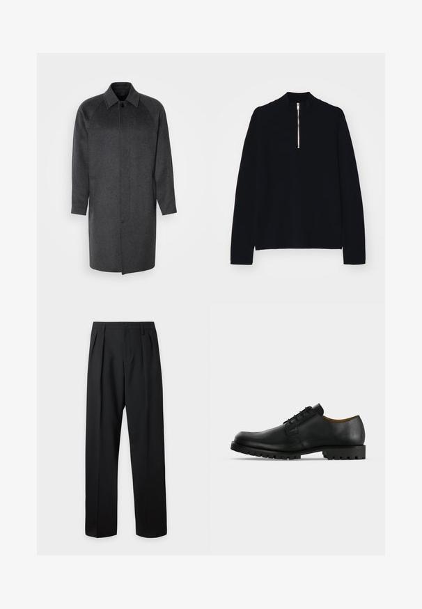 Isaac Dewhirst RAGLAN COAT - Κλασικό παλτό - dark grey; Μαύρο μακρύ μανίκι τοπ φτιαγμένο από μαλακό υλικό, με υψηλό ψεύτικο λαιμό και μισό φερμουάρ στο μπροστινό μέρος, σε χαλαρή γραμμή.; Μαύρο παντελόνι ψηλόμεσο, ραμμένο, με θηλιές για ζώνη, πιέτες μπροστά, κούμπωμα με κουμπί και ίσια φαρδιά πόδια σε φωτεινό φόντο.; Μαύρο δερμάτινο επίσημο παπούτσι με κορδόνια, με παχιά, ραβδωτή σόλα και χαμηλό τακούνι, εμφανίζεται σε λευκό φόντο.