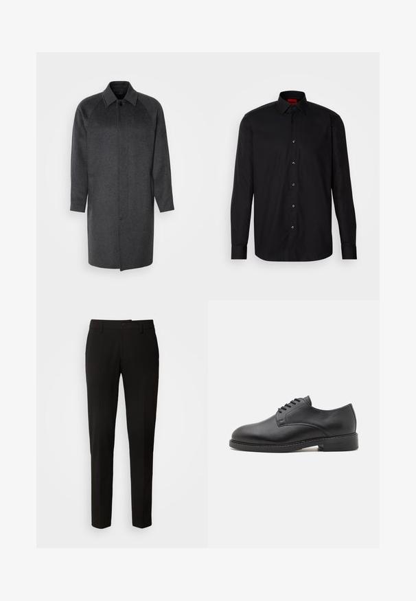 Isaac Dewhirst RAGLAN COAT - Κλασικό παλτό - dark grey; Μαύρο πουκάμισο με μακριά μανίκια κατασκευασμένο από απαλό ύφασμα, με κλασικό κολάρο, κουμπό closure στο μπροστινό μέρος και κομψή εφαρμογή.; Μαύρο παντελόνι με ίσια γραμμή, διαθέτει κλείσιμο με κουμπί, θηλάκια για ζώνη και λείο υλικό. Χωρίς ορατά μοτίβα ή διακοσμήσεις.; Μαύρο δερμάτινο παπούτσι οxfόρδου με στρογγυλή μύτη, που διαθέτει λεία επιφάνεια, κλείσιμο με πέντε οπές και χαμηλό ψηλό τακούνι.
