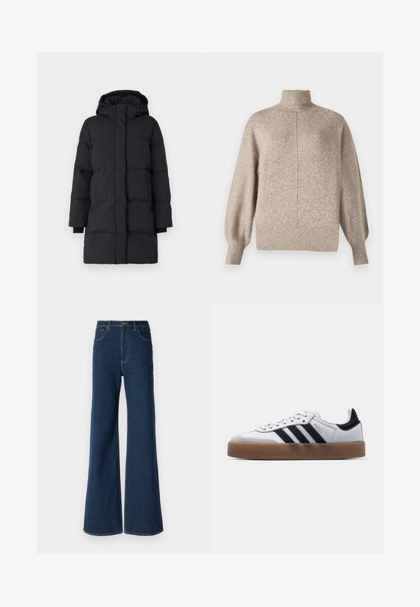 Abrigo acolchado negro con capucha, presenta un diseño acolchado, mangas largas, cierre frontal con cremallera y puños elásticos. Tejido suave y texturizado.; Vero Moda VMDOFFY - Jersey de punto - sepia tint; Abercrombie & Fitch Vaqueros boyfriend - rinse; Zapatillas de cuero blancas con rayas negras, suela de goma, puntera redonda, cierre de cordones y caperuza de ante gris suave.