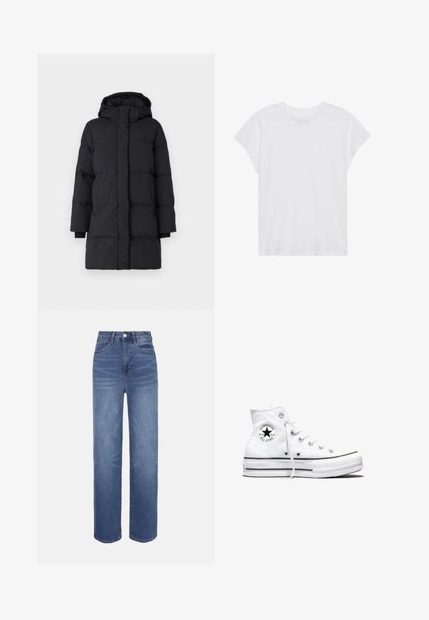 Abrigo acolchado negro con capucha, presenta un diseño acolchado, mangas largas, cierre frontal con cremallera y puños elásticos. Tejido suave y texturizado.; Camiseta blanca de manga corta con cuello redondo, corte relajado, hecha de suave tela de algodón. Textura lisa, sin estampados ni logotipos.; Jeans de mezclilla azul claro con cintura alta, diseño de pierna recta, estilo de cinco bolsillos y detalles sutiles de desgaste en toda la tela.; Zapatilla blanca de caña alta Converse Chuck Taylor All Star con parche de logo negro y cordones blancos, presentada sobre fondo blanco.