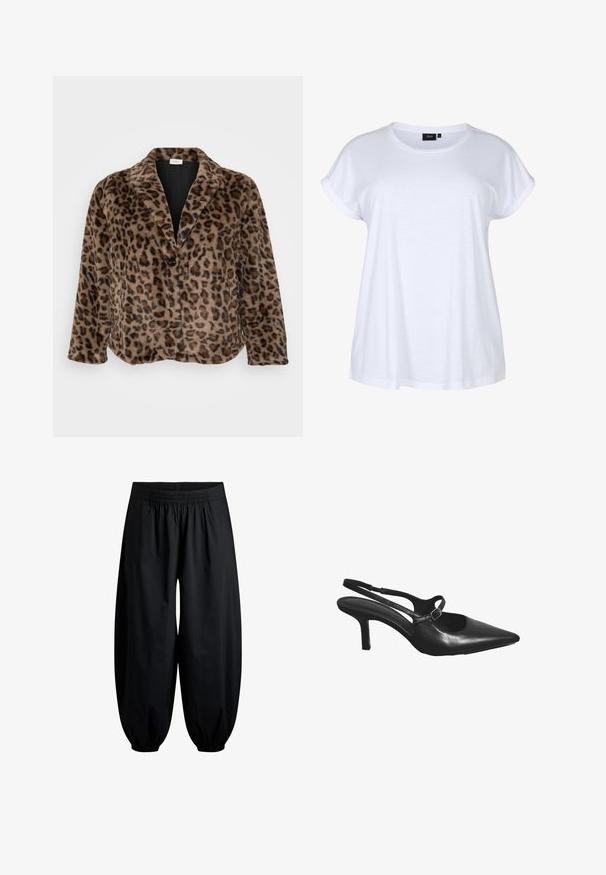 Blazer aus künstlichem Leopardenfell mit einem Reverskragen, einer Einzelknopfverschluss und einem leicht abgerundeten Saum. Weiche Textur und warme Farbtöne dominieren.; Weißes kurzärmeliges T-Shirt aus weichem Material, mit rundem Ausschnitt und umgekrempelten Ärmeln. Einfaches Design ohne Muster oder Akzente.; Schwarze Hosen mit lockerem Sitz, aus leichtem Stoff gefertigt. Sie verfügen über einen elastischen Bund und gesammelte Bündchen an den Knöcheln.; Schwarzer Slingback-Pumps aus Leder mit spitz zulaufender Zehenpartie und kleinem Schnallenriemen oben.