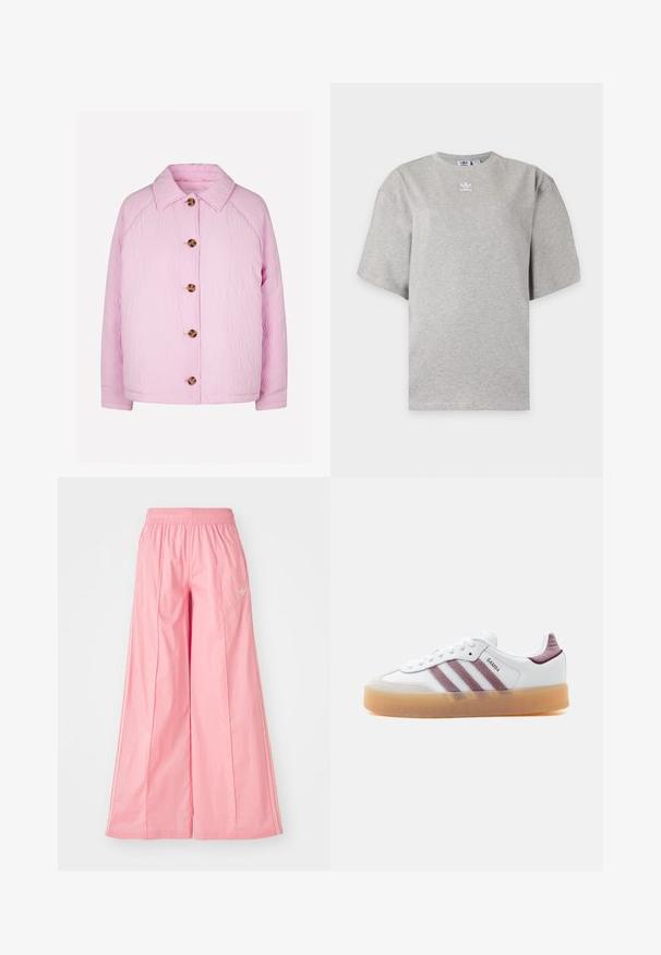 Veste matelassée rose avec un col, dotée de cinq grands boutons marron sur le devant et de manches raglan pour un ajustement décontracté.; T-shirt Adidas gris clair à manches courtes avec col rond et petit logo Adidas blanc sur la poitrine, présenté sur un fond simple.; Pantalons larges roses en tissu léger, dotés d'une ceinture élastique et de rayures blanches discrètes sur les côtés. Petit logo sur le devant.; Baskets basses blanches avec semelle en gomme marron, bandes en suède mauve et accents au talon, portant la mention "SAMBA" sur le panneau latéral.