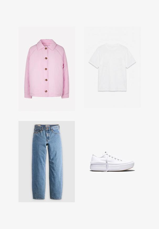 Veste matelassée rose avec un col, dotée de cinq grands boutons marron sur le devant et de manches raglan pour un ajustement décontracté.; T-shirt blanc uni à manches courtes et col rond, posé à plat sur un fond blanc.; Jean en denim bleu clair avec une coupe droite, cinq poches, une fermeture éclair et une texture légèrement délavée. Style classique avec peu de matériel.; Baskets basses blanches en toile avec semelle plateforme épaisse, lacets sur le devant et embout en caoutchouc texturé, vues de profil.
