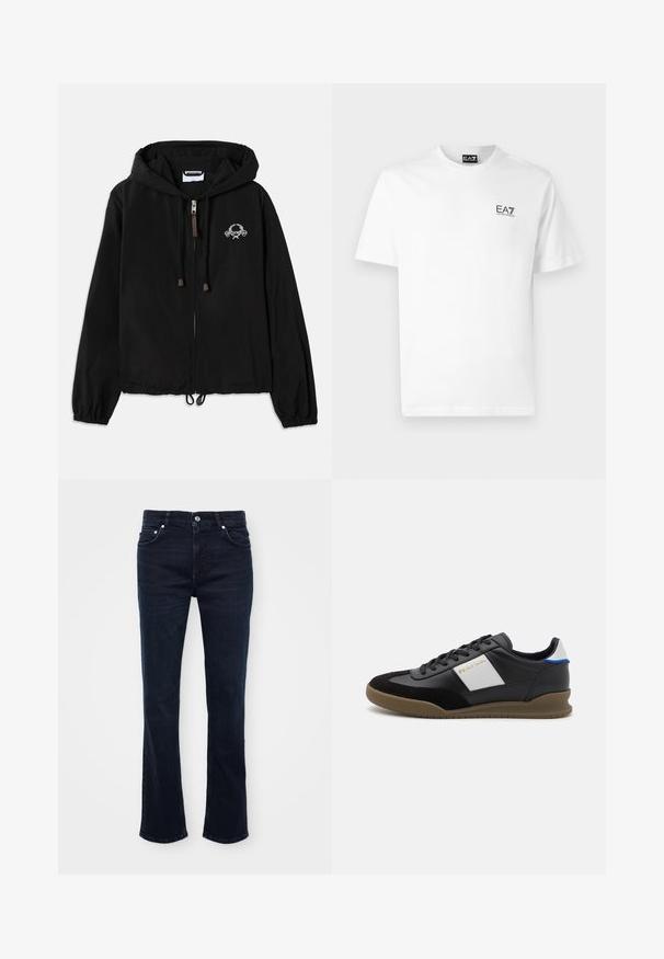 Schwarze Kapuzenjacke aus leichtem Stoff, mit einem Frontreißverschluss, elastischen Bündchen und einer dekorativen Stickerei in der Nähe der Brust.; Weißes Baumwoll-T-Shirt mit Rundhals, kurzen Ärmeln und schwarzem EA7-Logo auf der linken Brust. Glatte, einfarbige Textur.; Dunkelblaue, schicke Jeans aus Denim mit einem Knopfverschluss vorne, fünf Taschen und klaren Linien mit dezenten Nähten.; Schwarze Leder- und Wildledersneaker mit einem grauen Einsatz, brauner Gummisohle und blauen Akzenten an der Ferse. Mit Schnürsenkeln und geprägtem Logo.