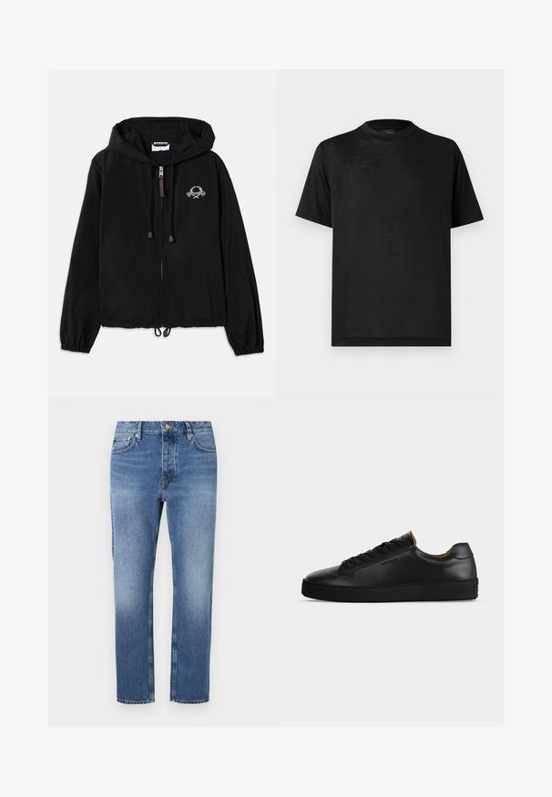 Sort hættetrøje lavet af letvægtsstof, med en frontlynlås, elastiske manchetter og en dekorativ brodering nær brystet.; Sort kortærmet t-shirt med høj hals, der har en glat tekstur og subtil glans, lavet af letvægtsstof. Ingen synlige logoer.; Blå denim jeans med lige ben design, lys vask, klassisk fem-lomme stil og en lukning med frontknap.; Sort lavtopet læder-sneaker med sorte snørebånd, tekstureret gummisål og lille præget logo på siden, vist i profil mod grå baggrund.