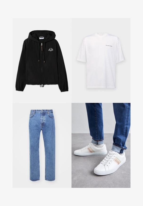 Schwarze Kapuzenjacke aus leichtem Stoff, mit einem Frontreißverschluss, elastischen Bündchen und einer dekorativen Stickerei in der Nähe der Brust.; Weißes kurzärmliges T-Shirt aus Baumwolle mit V-Ausschnitt, mit einem schwarzen "FILLING PIECES" Logo, das auf der linken Seite gedruckt ist.; Won Hundred STEVE - Jeans Relaxed Fit - cut blue; Weiße Leder-Sneaker mit mehrfarbigen Streifen, Schnürdesign, Gummisohle und gepolstertem Kragen, kombiniert mit blauen Jeans.