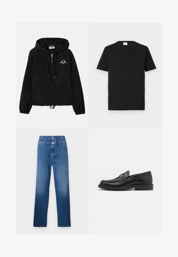 Schwarze Kapuzenjacke aus leichtem Stoff, mit einem Frontreißverschluss, elastischen Bündchen und einer dekorativen Stickerei in der Nähe der Brust.; Schwarzes Baumwoll-T-Shirt mit Rundhalsausschnitt und kurzen Ärmeln. Hat einen geraden Schnitt und ein minimalistisches Design, mit einem sichtbaren Etikett am Kragen.; Blaue Denim-Jeans mit geradem Bein, ausgestattet mit einem Knopfverschluss, Gürtelschlaufen und dezenten Ausbleichungen an den Oberschenkeln.; Schwarze Lederleter mit einer abgerundeten Zehenpartie, ausgestattet mit goldenen Hardwareakzenten und Stichdetails, auf einer niedrigen, strukturierten Gummisohle.