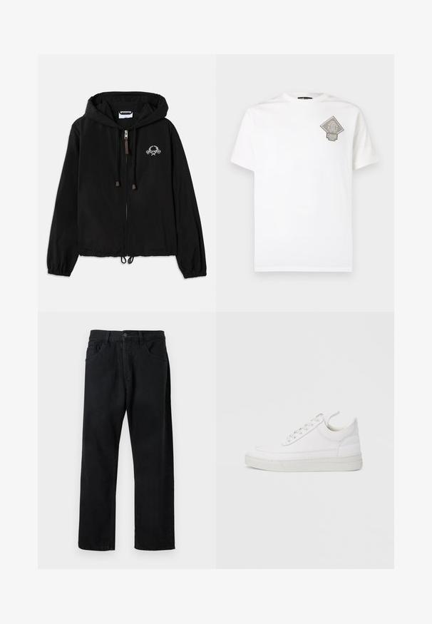 Schwarze Kapuzenjacke aus leichtem Stoff, mit einem Frontreißverschluss, elastischen Bündchen und einer dekorativen Stickerei in der Nähe der Brust.; Weißes Baumwoll-T-Shirt mit einem grauen, diamantförmigen Logo auf der linken Brust. Kurze Ärmel, Rundhalsausschnitt und normale Passform.; Schwarze Jeans aus Denim mit einem klassischen Fünf-Taschen-Design, geradem Schnitt und Knopfverschluss. Glatte Textur, keine sichtbaren Muster.; Weißer Ledersneaker mit abgerundetem Zehenbereich, flacher Sohle und Schnürverschluss. Verfügt über Nahtdetails und einen gepolsterten Kragen für zusätzlichen Komfort.