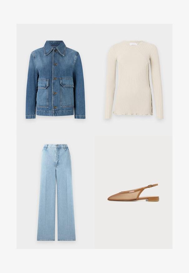 Tiger of Sweden LOANNA - Denimová bunda - medium blue; Rabanne Top s dlhým rukávom - ecru; Svetlo modré široké džínsy vyrobené z denimu s vysokým pásom, obsahujúce päť pútok na opasok, predné zapínanie na gombík a prešité švy.; Hnedá balerína so zúženou špičkou, tenkým remienkom s prackou a nízkym blokovým podpätkom na bielom pozadí.