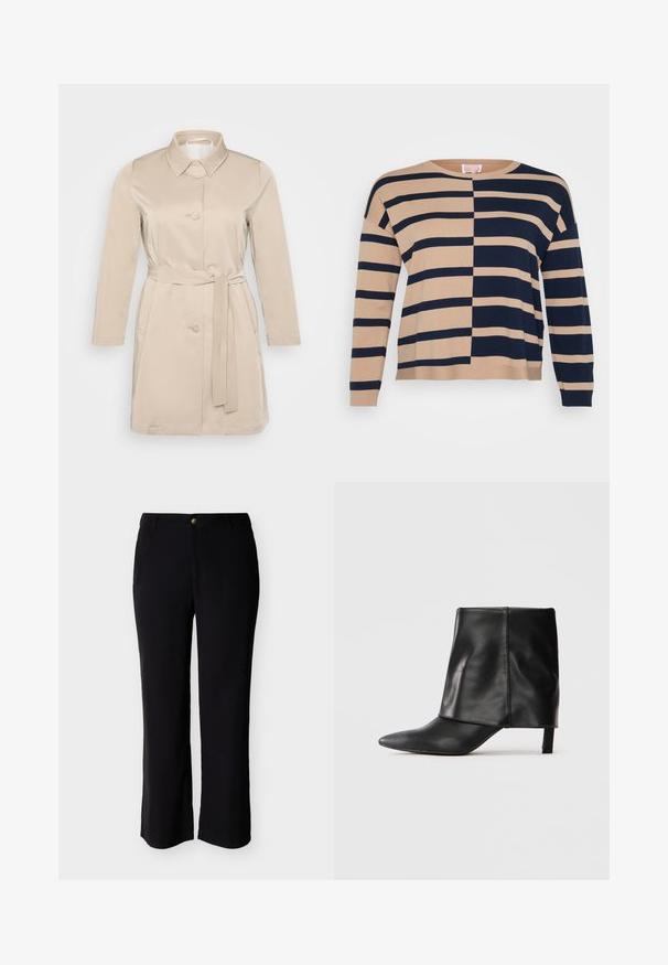 Beige trenchcoat med krave, lange ærmer, frontknapper og bindebælte i taljen. Lavet af blød, letvægtsstof.; Beige og navy stribet sweater med vandrette striber, ribbede manchetter og en afslappet pasform med en rund halsudskæring.; Sorte bukser med lige ben, lukning med knap og lynlås, sidelommer og bæltestropper, vist mod en ensartet lys baggrund.; Sort læderstøvle til midten af læggen med spids tå, foldet øvre skaft og slank lav hæl, der står på hvid baggrund.