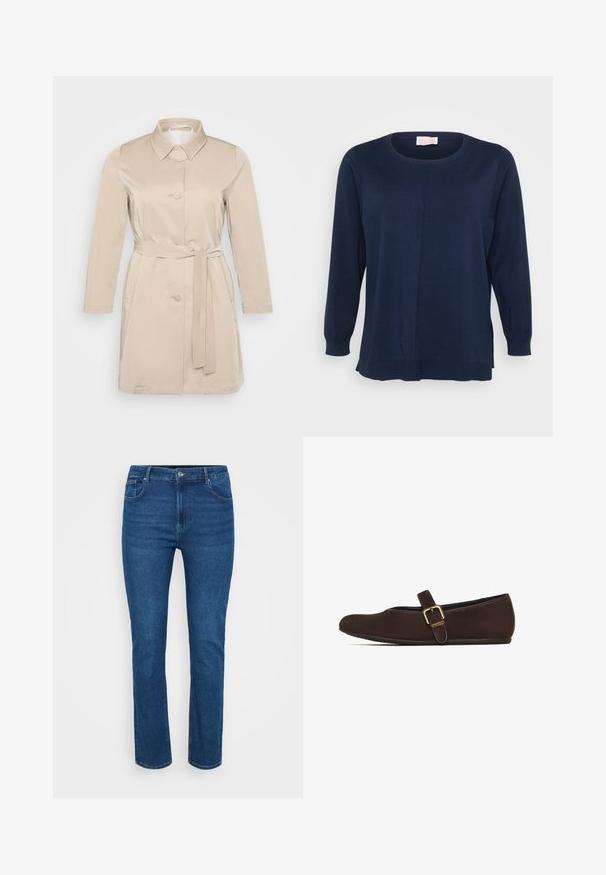 Beige trenchcoat med krave, lange ærmer, frontknapper og bindebælte i taljen. Lavet af blød, letvægtsstof.; Mørkeblå langærmet striktop med rund halsudskæring, sidesplitter og en glat tekstur. Har en subtil detalje med en front søm.; Blå denim jeans med lige ben design, med kontrasterende syninger, fem-lomme stil og en metalknap lukning i taljen.; Brun flad sko med rund tå, glat læderoverdel og en tynd rem over vristen, sikret med en guldfarvet spænde.