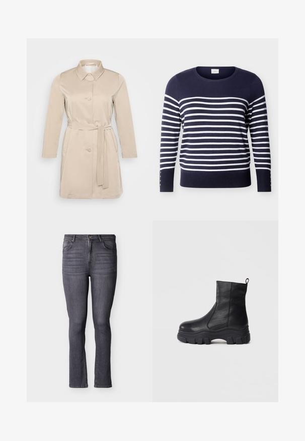 Beige Trenchcoat mit Kragen, langen Ärmeln, Knöpfen vorne und Taillengürtel. Hergestellt aus glattem, leichtem Material.; Marineblauer Pullover mit langen Ärmeln, weißen horizontalen Streifen und Knopfdetails an den unteren Ärmeln, Rundhalsausschnitt.; Schmal geschnittene graue Jeans aus Denim mit fünf Taschen, Vorderknopf- und Reißverschluss, mit dezenten Verblassungen und Nahtdetails.; Schwarze Knöchelstiefel aus glattem Leder, mit einer robusten Gummisohle mit ausgeprägtem Profil und einer Schlaufe hinten für ein einfaches An- und Ausziehen.