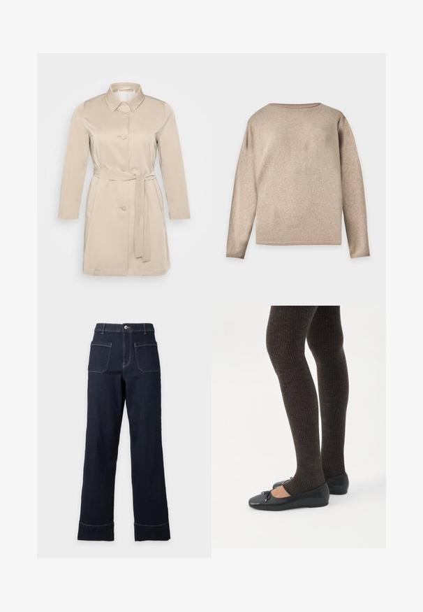 Beige trenchcoat med krave, lange ærmer, frontknapper og bindebælte i taljen. Lavet af blød, letvægtsstof.; Beige langærmet strikket trøje med rund halsudskæring og ribstrikkede manchetter og kant, vist på en ensfarvet lys baggrund.; Mørkeblå jeans med vide ben, foran lappelommer, synlige syninger, bæltestropper, knaplukning og opbukket kant mod en lys baggrund.; Ben iført mørke ribbede leggings kombineret med sorte balletsko med små sløjfedetaljer på hvid baggrund.