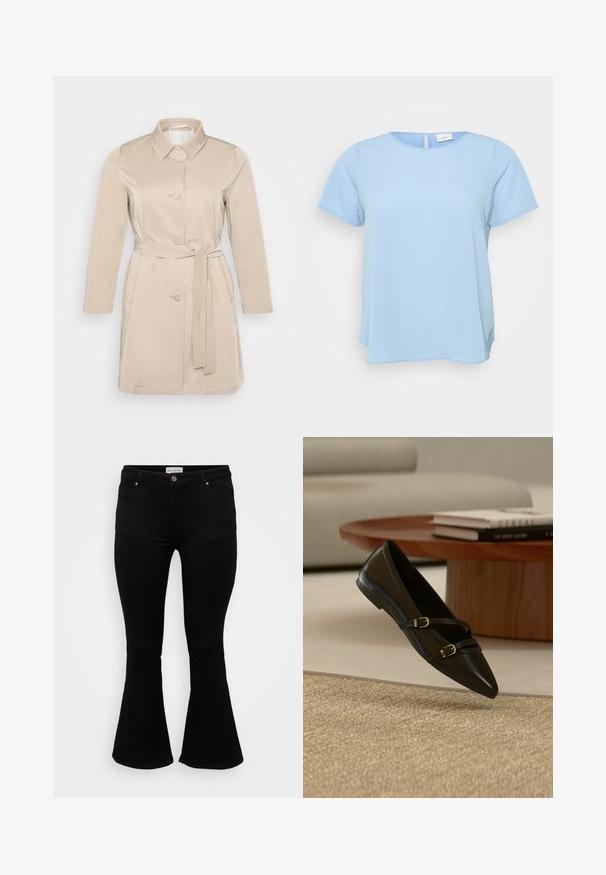 Beige Trenchcoat mit Kragen, langen Ärmeln, Knöpfen vorne und Taillengürtel. Hergestellt aus glattem, leichtem Material.; ONLY Carmakoma CARVICA S/S TOP WVN NOOS - Bluse - light blue; Schwarze Schlagjeans aus weichem Denim, mit einer taillierten Passform, Vordertaschen und einem ausgestellten Saum für einen lockeren Sitz.; Schwarzer flacher Schuh mit spitzer Zehenpartie und zwei dünnen Schnallenriemen, der über einem beigen Teppich schwebt, mit einem Holzcouchtisch und Büchern im Hintergrund.