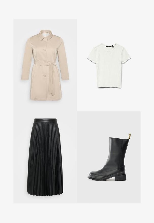 Beige trenchcoat med krave, lange ærmer, frontknapper og bindebælte i taljen. Lavet af blød, letvægtsstof.; Enkel hvid ribstrikket bomulds T-shirt med korte ærmer og rund halsudskæring, vist fladt på hvid baggrund.; Sort plisseret nederdel lavet af kunstlæder, med vertikale folder, en glat talje og et gulvlængde design.; Sort læder ankelstøvle med blokhæl, glat tekstur, rund tå og en hælflap med gul branding.