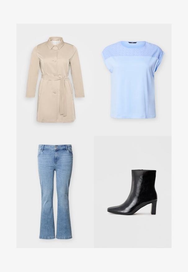 Beige trenchcoat med krave, lange ærmer, frontknapper og bindebælte i taljen. Lavet af blød, letvægtsstof.; Lyseblå kortærmet top med blonder i blomsterdesign på øvre bryst og skuldre, rund halsudskæring og løs pasform.; Lyseblå denimjeans med vide ben, dobbelt knaplukning, forlommer og diskret falmning på lårene.; Sorte ankelstøvler lavet af blank læder, med spidse tæer og en mellemstor blokhæl, med en glat tekstur og et enkelt design.