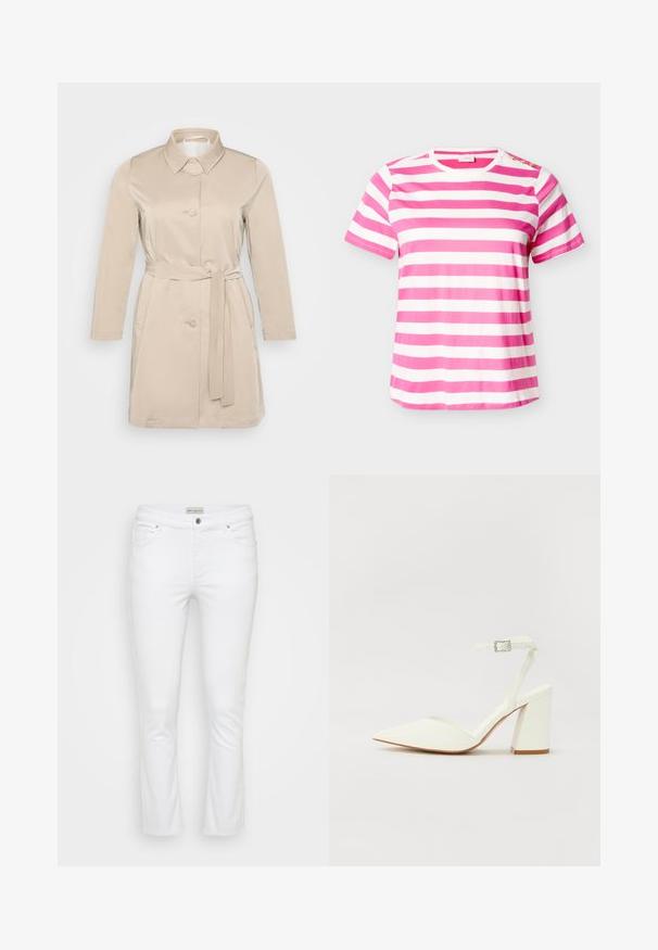 Beige Trenchcoat mit Kragen, langen Ärmeln, Knöpfen vorne und Taillengürtel. Hergestellt aus glattem, leichtem Material.; Kurzärmeliges Baumwoll-T-Shirt mit horizontalen pink-weißen Streifen und drei goldenen Knöpfen auf der linken Schulter.; Weiße Denim-Jeans mit geradem Bein. Verfügt über fünf Taschen, einen oberen Knopfverschluss und silberfarbene Hardware mit einer glatten Textur.; Weißer sandal mit Absatz und spitzem Zehenbereich, verstellbarem Knöchelriemen und chunky quadratischem Absatz. Glatte Textur mit minimalen Nähdetails.
