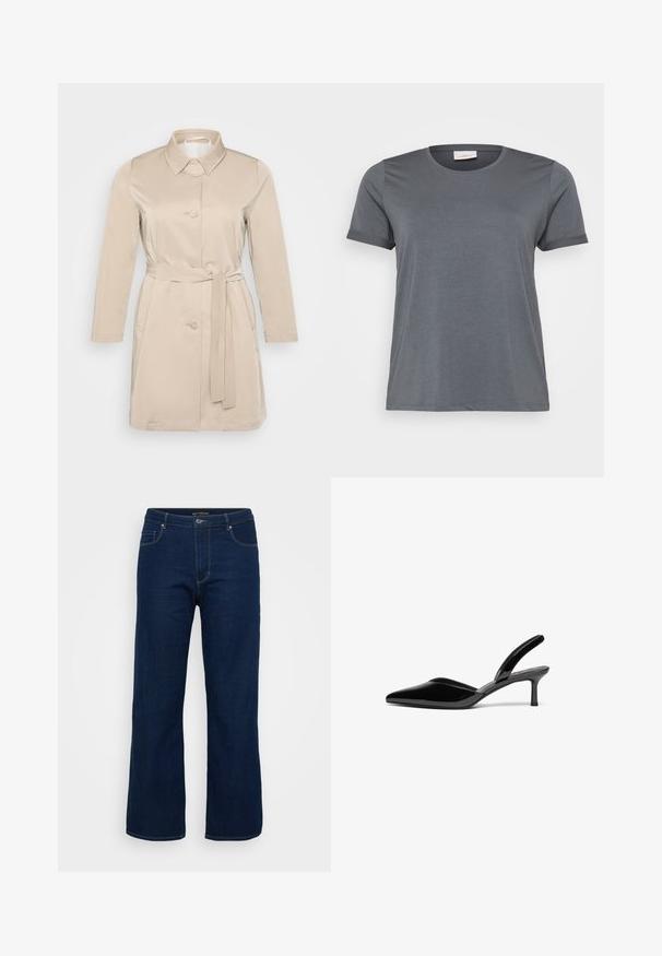 Beige trenchcoat med krave, lange ærmer, frontknapper og bindebælte i taljen. Lavet af blød, letvægtsstof.; Grå kortærmet T-shirt lavet af blødt stof, med en klassisk rund halsudskæring og oprullede ærmer. Glat tekstur uden synlige mønstre.; Mørkeblå denim jeans med lige pasform, der har en lynlås, fem lommer og synlige syninger.; Sorte patentlæder slingback hæle med spids tå, lav stiletto hæl og et elegant, enkelt design uden pynt.